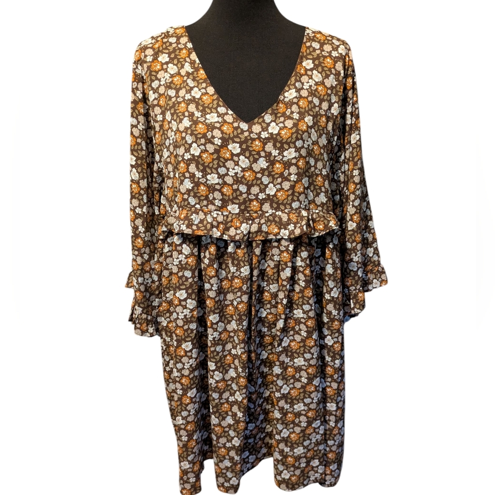 Pink Lily 2X Brown Floral Baby Doll Dress With Wide Elbow Length Sleeves.